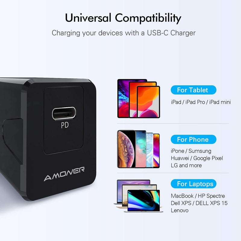 [Australia - AusPower] - Amoner U USB C Fast Charger,18W/3A PD Charger with Foldable Plug and 3FT USB C to USB C Cable Fast USB C Power Adapter for Galaxy S10 S10+ / Note 8,LG V20 and More (Black) 