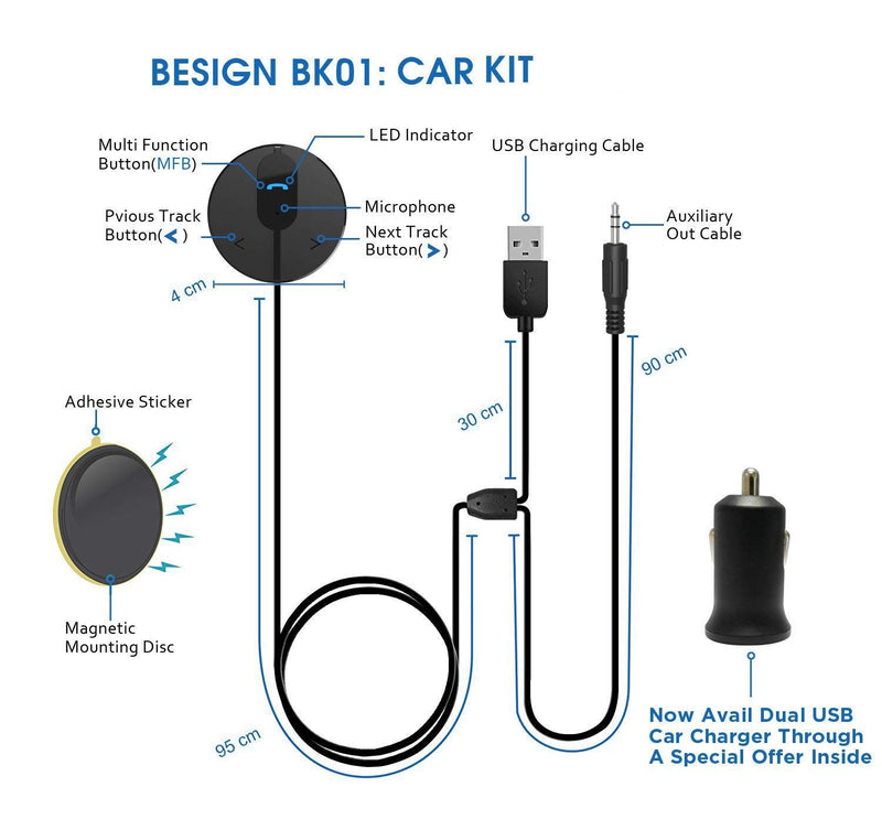 [Australia - AusPower] - Besign BK01 Bluetooth 4.1 Car Kit Handsfree Wireless Talking & Music Streaming Receiver with Dual Port USB Car Charger and Ground Loop Noise Isolator for Car with 3.5mm AUX Input Port 