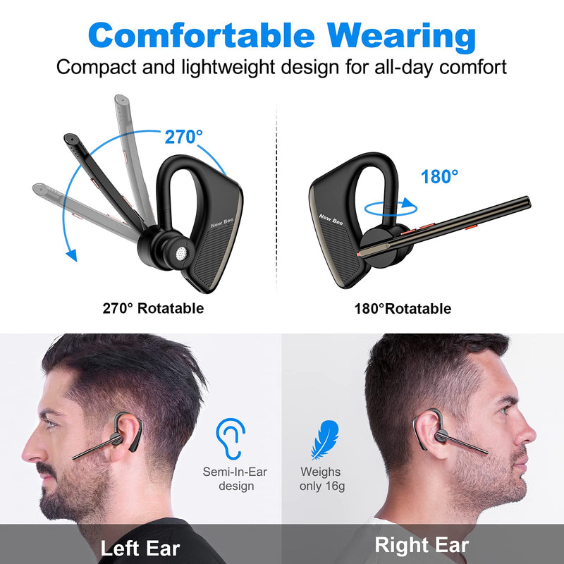 [Australia - AusPower] - Bluetooth Headset New bee V5.2 Wireless Bluetooth Earpiece 24Hrs Talktime CVC8.0 Dual Mic Noise Cancelling with Comfortable Earbud for iPhone/Android/Driver/Business/Office Black 