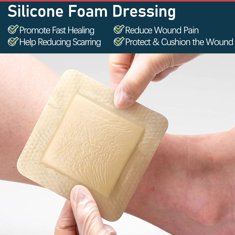 [Australia - AusPower] - LotFancy Silicone Foam Dressing, 4"x 4" (2.5”x 2.5” Pad), 10 Count, Adhesive Wound Dressing with Border, Bed Sores, Pressure Ulcers Bandages Pads, Highly Absorbent, Waterproof 4"x 4" (10-count) 