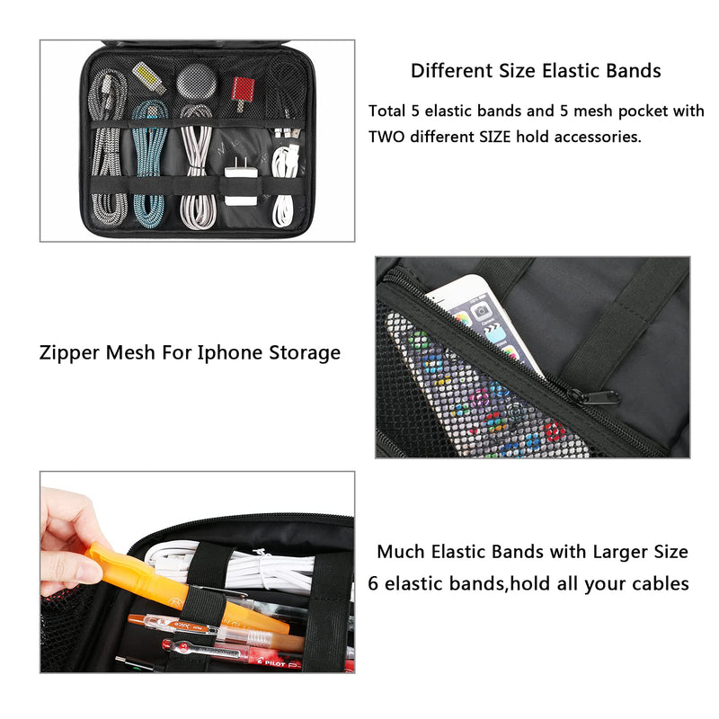 [Australia - AusPower] - MATEIN Cable Organizer Bag, Large Travel Storage Bag Durable Tool Case with Handle for Cellphone Cord Electronics Accessories, Carrying Tech Bag for IPad (Up to 12.9inch), Powerbank, Hard Drive, Black 1 - Antique Black 