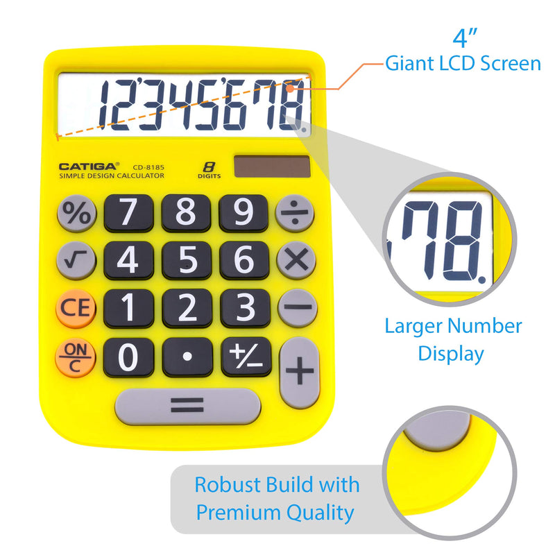 [Australia - AusPower] - Basic Calculator: Catiga CD-8185 Office and Home Style Calculator - 8-Digit - Educational - Suitable for School and Destop-use (Yellow) Yellow 
