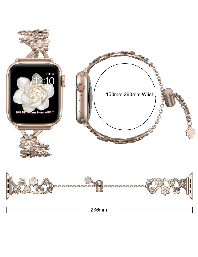 [Australia - AusPower] - Wearlizer Compatible with Apple Watch Charm Bracelet Band Series 7/6/5/4/3/2/1/SE for Women Girl Adjustable Stainless-Steel Chain Cute Fashion Delicate Replacement Wristbands for Smartwatch Champagne Gold 42mm/44mm/45mm 