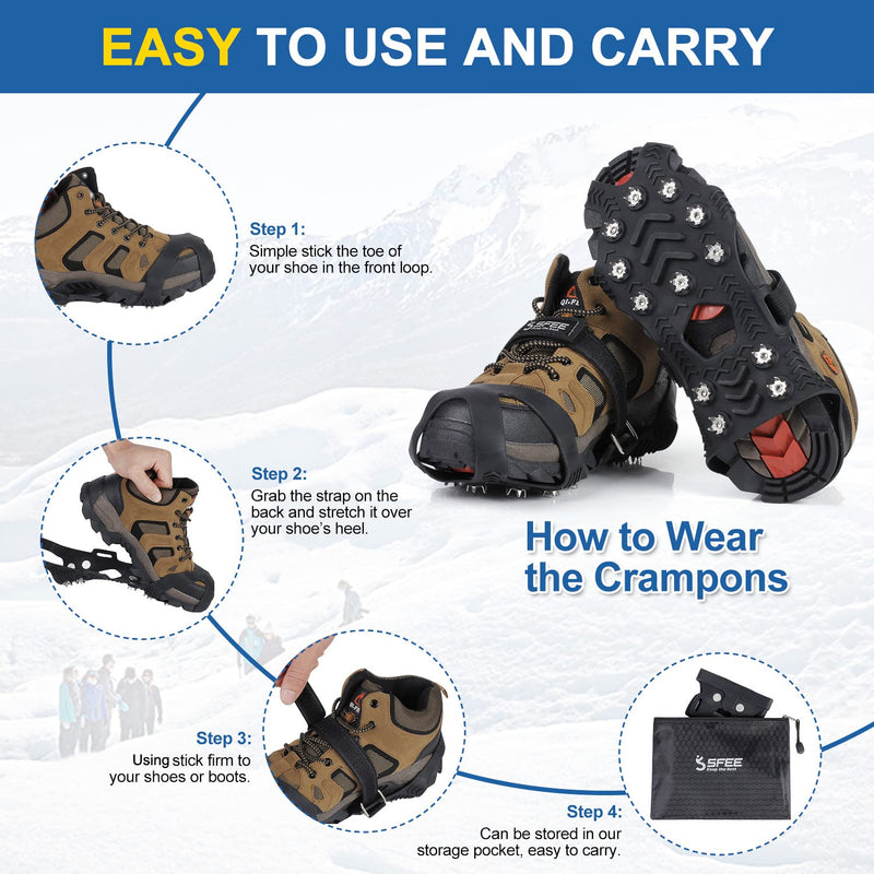 [Australia - AusPower] - Sfee Crampons for Winter Boots, Upgraded Ice Cleats Stainless Steel Microspikes Women Men Anti Slip Ice Traction Cleats Grips with Straps, Perfect for Hiking, Walking, Climbing, Ice Fishing 