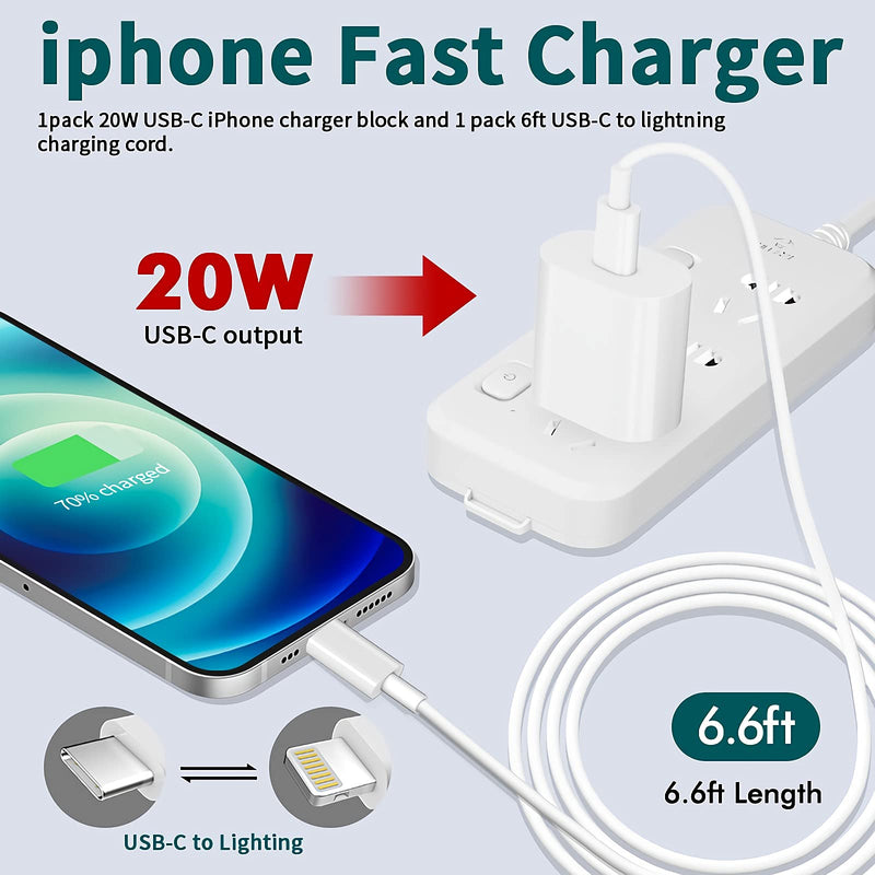 [Australia - AusPower] - [Apple MFi Certified]iPhone 13 Fast Charger,USB C Wall Charger Fast Charging 20W PD Adapter with 6.6FT Type-C to Lightning Cable Compatible with iPhone 13 12 11 Pro Max Mini XS XR X 8 Plus and More 