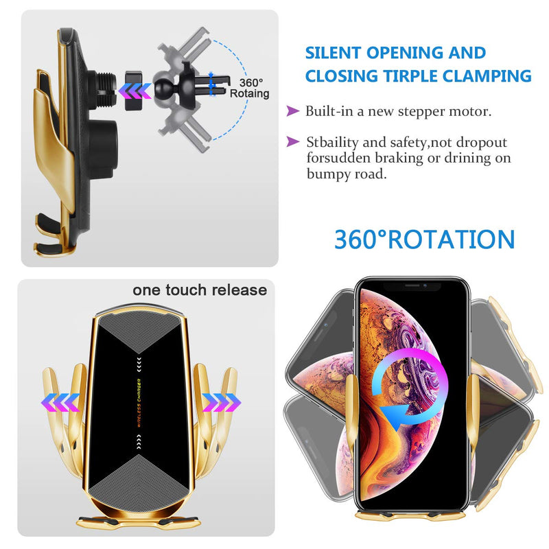 [Australia - AusPower] - Wireless Car Charger 15W Fast Charging Touch Sensing Auto-Clamping Car Wireless Charger Air Vent Clip Car Phone Mount for iPhone SE/11/11 Pro Series/X/XR/8, Samsung Galaxy S20 S10 Note10/9 (Q1-Gold) Q1-Gold 