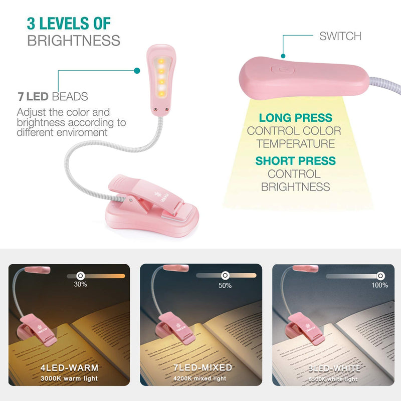 [Australia - AusPower] - Vekkia Rechargeable Book Light for Reading in Bed, 3 Color x 3 Brightness, Lightweight Reading Light, Up to 70 Hours Lighting, Perfect for Readers, Kids & Travel (Pink) Pink 