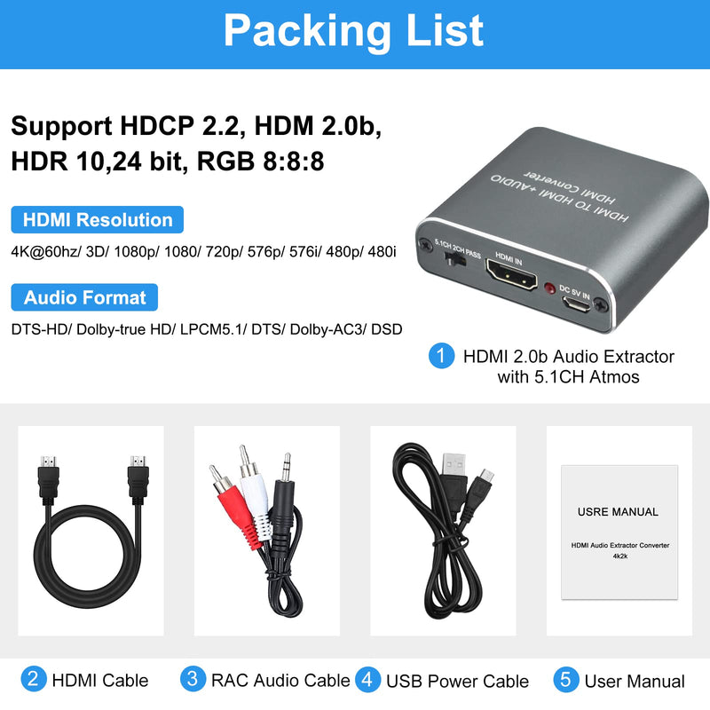 [Australia - AusPower] - Hdiwousp HDMI 2.0 Audio Extractor, HDMI to HDMI Optical Toslink SPDIF or 3.5mm AUX Stereo Audio Out,4K@60Hz HDMI Audio Adapter Supports HDCP2.2 18 Gbit/s 4:4:4 HDR 3D HDMI audio extractor 2.0 