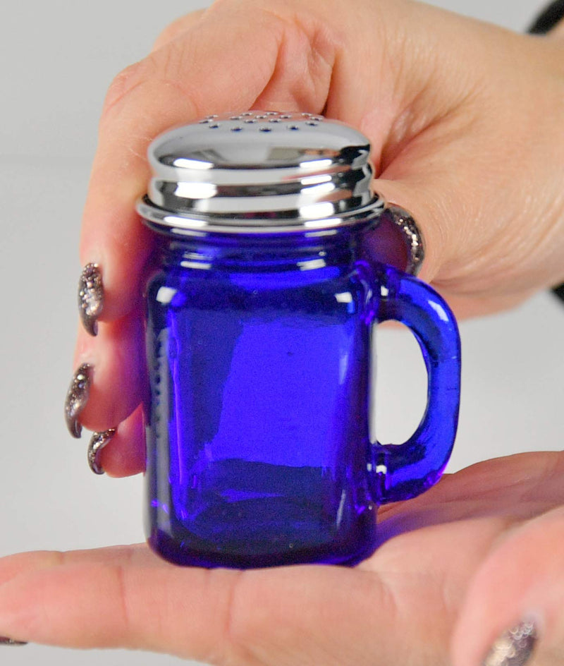 [Australia - AusPower] - HOME-X Mini Retro Jars Cobalt Blue Glass Salt and Pepper Shakers with Lids and Handle, Old-Fashioned Décor, Depression Style, Square-2 5/8” L x 2” W 