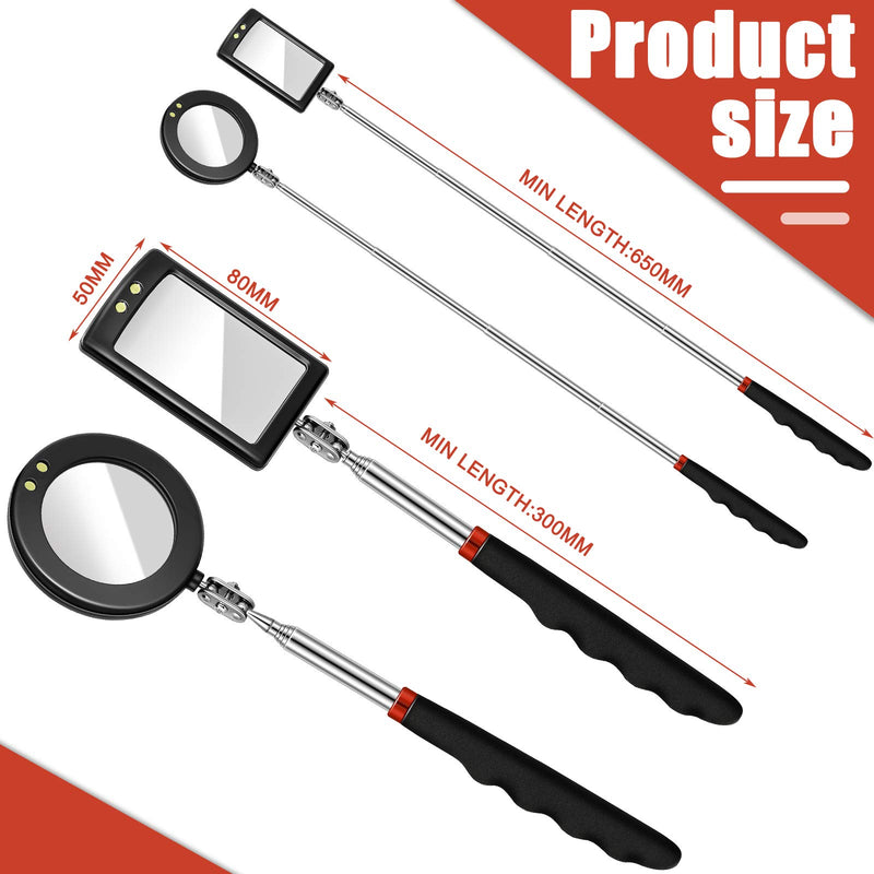 [Australia - AusPower] - 2 Pieces Led Telescoping Inspection Mirror Round Mirror Square Mirror Inspection Tool for Check The Condition of The Vehicle, Observe The Eyelashes, Mouth and Other Small Parts 2 