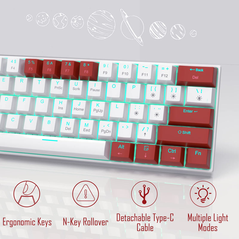 [Australia - AusPower] - 60 Percent Mechanical Gaming Keyboard, Red & White Mixed Color Keycaps Gaming Keyboard with Blue Switches, Detachable Type-C Cable Mini Keyboard with Light for Windows/Mac/PC/Laptop red & white keycaps with blue switches 