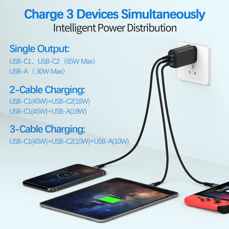 [Australia - AusPower] - USB C Wall Charger, Deegotech 65W 3-Port PD 3.0 GaN Fast Charger with 6.6ft USB C to USB C Cable, Foldable Power Adapter for MacBook Pro/Air iPad Pro Samsung Galaxy S21 S20 