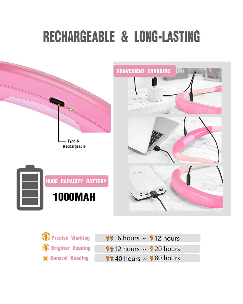 [Australia - AusPower] - Glocusent LED Neck Reading Light, Book Light for Reading in Bed, 3 Colors, 6 Brightness Levels, Bendable Arms, Rechargeable, Long Lasting, Pink, Perfect for Reading, Knitting, Camping, Repairing 