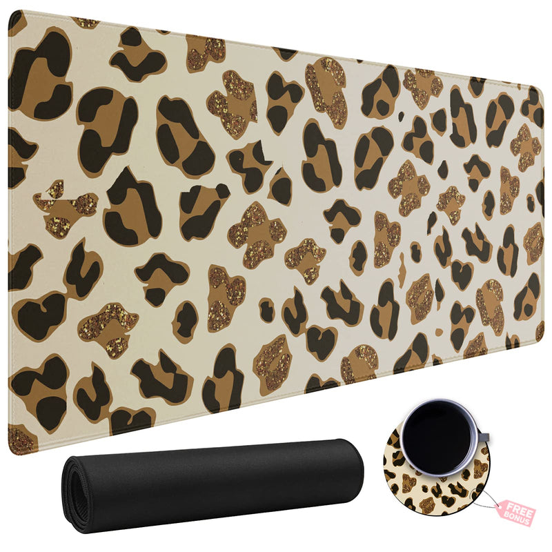 [Australia - AusPower] - Leopard Glitter Mouse Pad Large with Coaster, 35.4"x15.7" Full Desk Mousepad Stitched Edges Non Slip Base Desk Pad Extended Large Gaming XXL Mouse Pad for Desk Office Home XXL-35.4"x15.7"x0.12" Leopard Glitter 