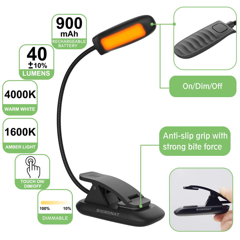 [Australia - AusPower] - BIGMONAT Book Reading Light,Rechargeable Amber Book Led Night Light,Portable Bendable Neck, USB or Battery Operated,Brightness Adjustable Reading Light,Reduces Eye Strain,Black 