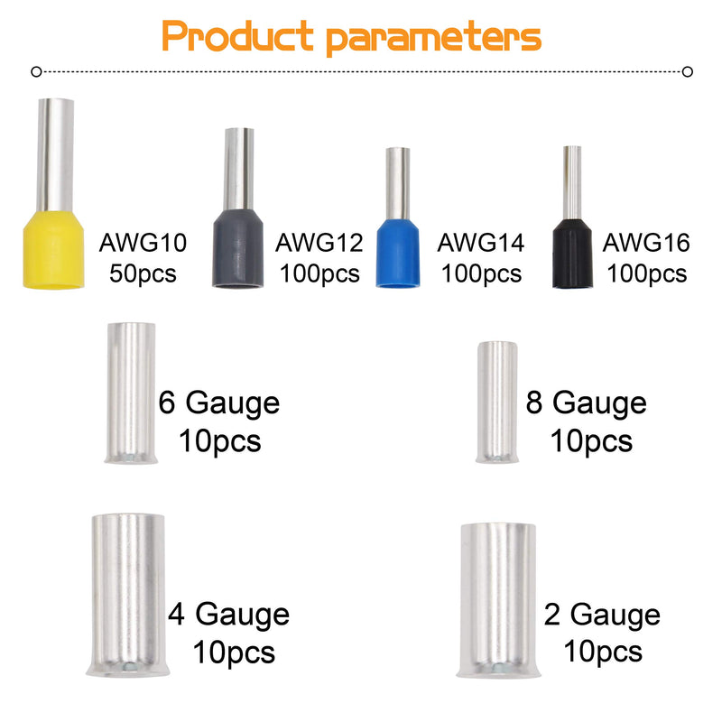 [Australia - AusPower] - Ruikarhop 390pcs AWG (2 4 6 8 10 12 14 16) Wire Ferrules Kits Crimp Terminal Connector Sleeves A type 