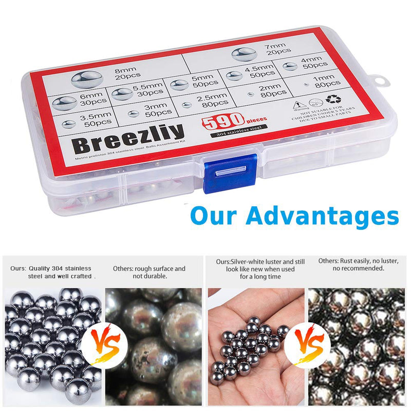 [Australia - AusPower] - Breezliy 590Pcs 1-8mm Metric Precision 304 Stainless Steel Assorted Loose Bicycle Bearing Steel Ball Assortment Kit?12 Sizes? 590Metric bearing ball 