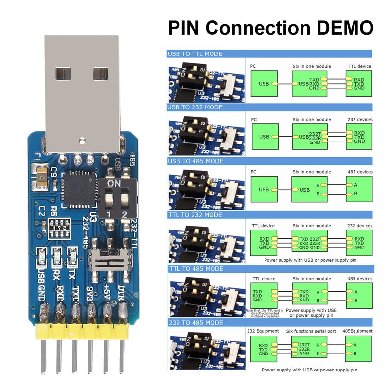 [Australia - AusPower] - 5Pcs USB-UART 6-in-1 Multifunctional Converter USB-TTL/RS485/232,TTL-RS232/485,232 to 485 Serial Adapter 3.3V / 5V Universal Adapter Module with CP2102 