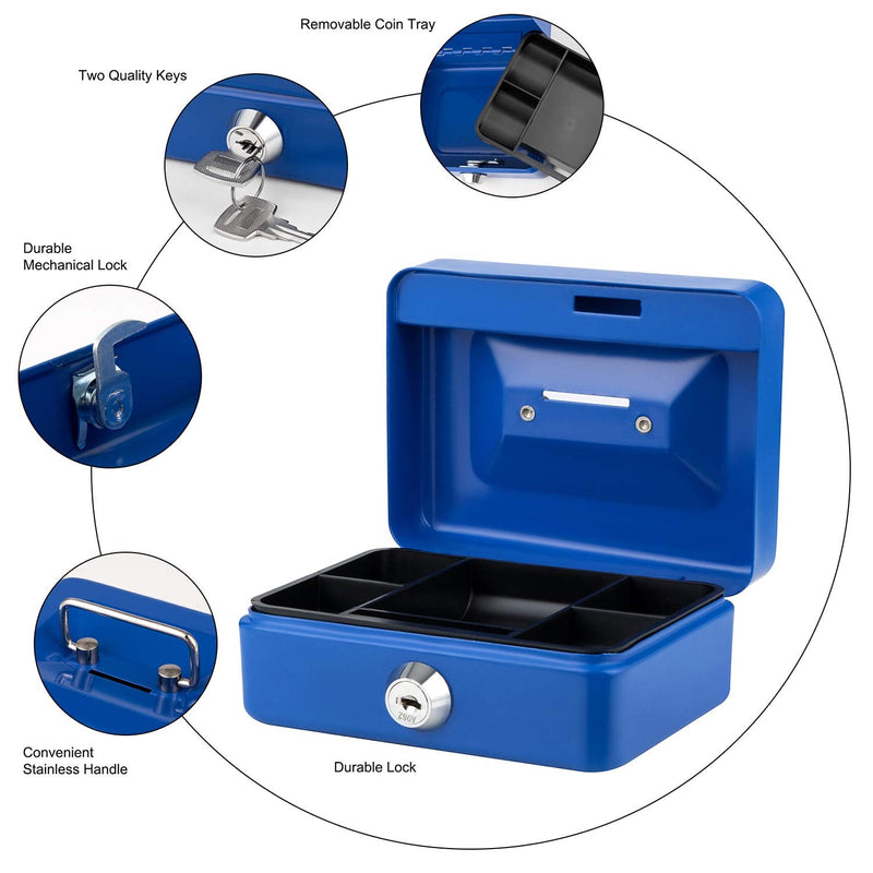 [Australia - AusPower] - Cash Box with Lock and Slot for Kids Small Cash Box with Money Tray Metal Piggy Bank Safe Box 4.9" x 3.7" x 2.4" Blue X-Small Blue With Coin Slot 