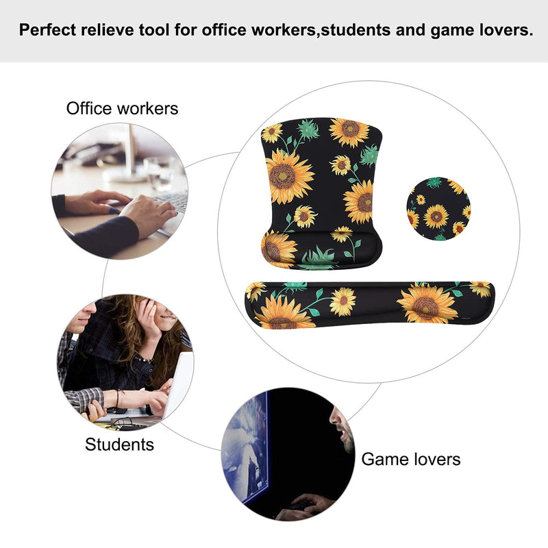 [Australia - AusPower] - MOSISO Wrist Rest Support for Mouse Pad&Keyboard, Vintage Sunflowers Ergonomic Mousepad&Coaster Non-Slip Base Home/Office Pain Relief&Easy Typing Cushion with Neoprene Cloth&Raised Memory Foam, Black 