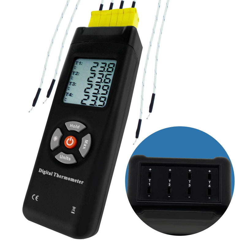 [Australia - AusPower] - Thermometer 4 Channels K-Type Thermocouple Sensor Tester with K-Type Metal & Bead Probe Backlight Temperature Instrument -50~1350°C (-58~2462°F) Max/Min/Avg 4 Channels Thermocouple 