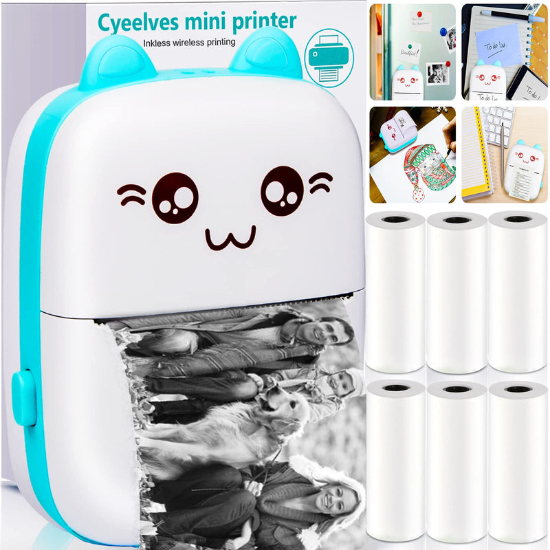 [Australia - AusPower] - Mini Printer Portable, Pocket Thermal Printer with 6 Rolls Paper Compatible with iOS Android, Bluetooth Wireless Smart Printer for Photo Picture Office Receipt QR Code Label List Note Inkless Printing Blue 