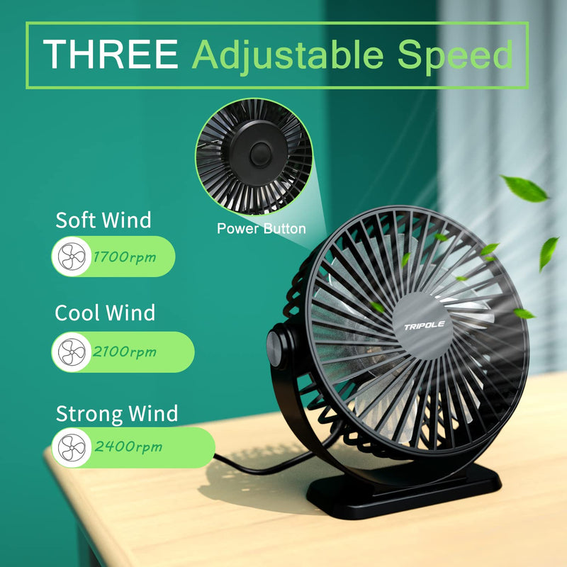 [Australia - AusPower] - TriPole Small Desk Fan USB Powered Portable Fan 3 Speeds Strong Airflow Mini Fan 360°Rotation Personal Fan 5.1 Inch Table Fan for Home Office Bedroom Desktop, Black, 4.9ft Cable 