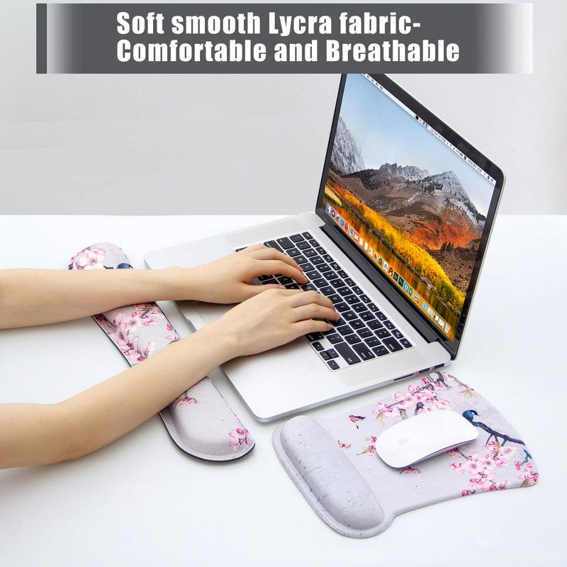 [Australia - AusPower] - Ergonomic Keyboard Wrist Rest and Mouse Pad Wrist Rest Support Set,Comfortable & Lightweight Memory Foam Computer/Gaming/Office Wrist Set for Easy Typing & Pain Relief by AORTDES(Bird and Pink Flower) Kmwrp-19 