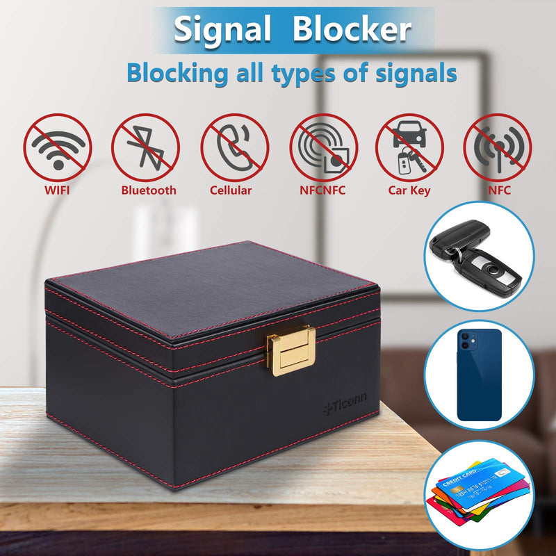 [Australia - AusPower] - TICONN Faraday Box, Car Key Fob Protector, PU Leather Signal Blocker for Keyless Fob, RFID Signal Blocking Pouch Cage 