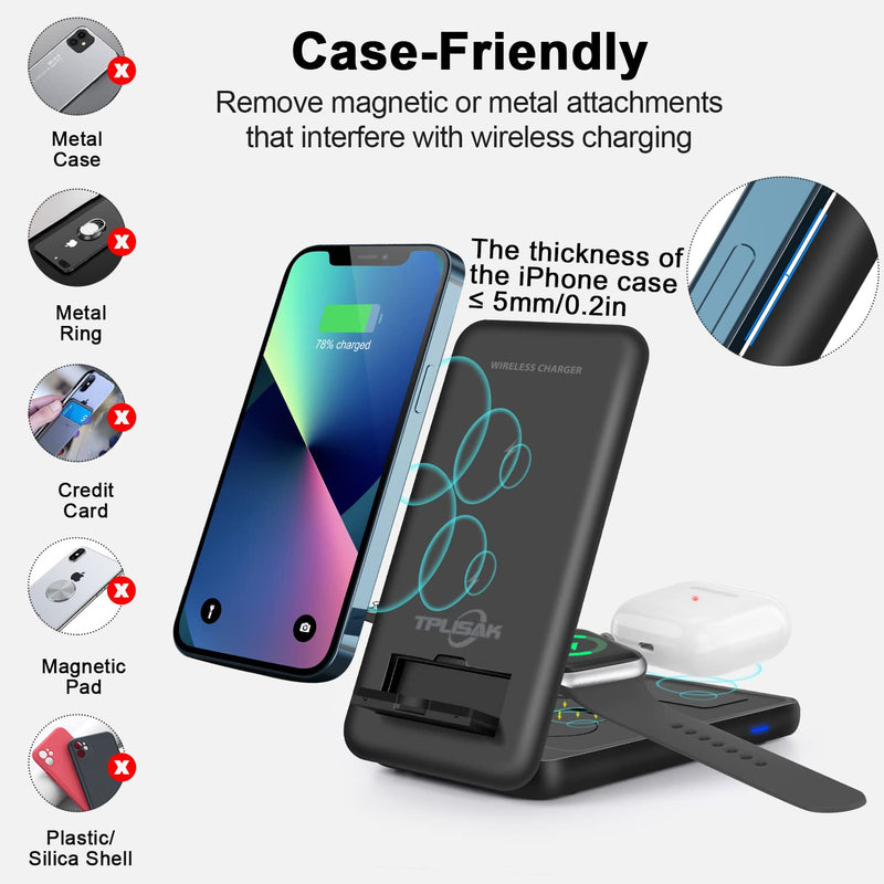 [Australia - AusPower] - Foldable Wireless Charger, 18W 3 in 1 Fast Wireless Charging Station for iPhone 13/12/11 Series/XR/X/Xs/XS Max/8/8 Plus, Charging Stand/Dock for iWatch, AirPods Pro/2(Black) Pearl Black 