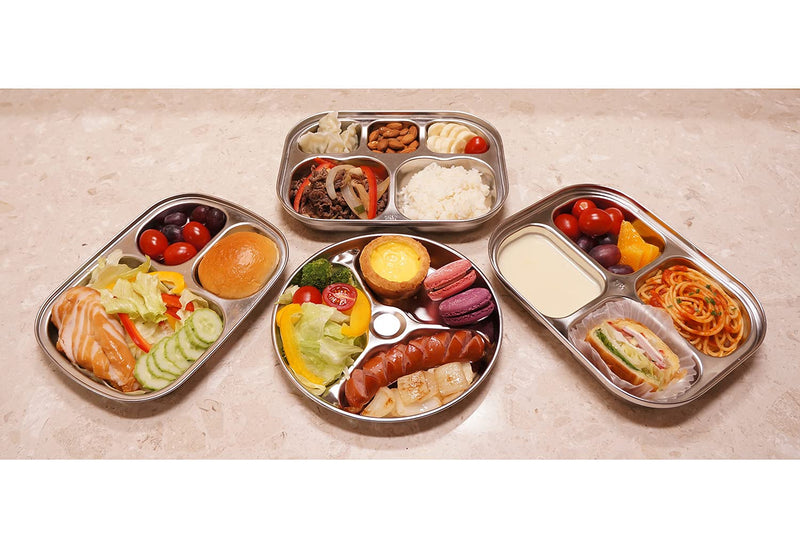 [Australia - AusPower] - Korean Stainless Steel Divided Plates by KS&E, Kids Toddlers Babies Tray, BPA Free, Diet Food Control, Camping Dishes, Compact Serving Platter, Dinner Snack, 3 Compartment Plate Silver, Set of 2 3 Compartments 