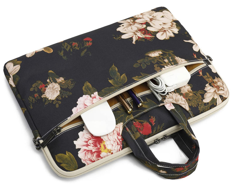 [Australia - AusPower] - Dachee Black Peony Patten Waterproof Laptop Shoulder Messenger Bag Case Sleeve for 14 Inch 15 Inch Laptop Case Laptop Briefcase 15.6 Inch 15 inch/15.6 inch 