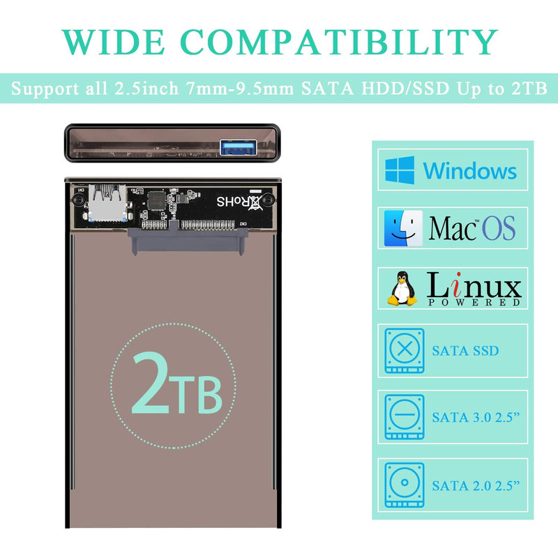 [Australia - AusPower] - Tccmebius External Hard Drive Enclosure Adapter USB 3.0 to SATA HDD Case Housing for 2.5 Inch 9.5mm 7mm SATA III HDD SSD Up to 2TB, Tool-Free, Support UASP & Automatic Sleep Function (TCC-S9) 