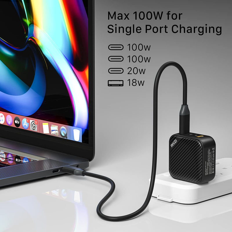 [Australia - AusPower] - INVZI 100W USB C Multiport Charger, GaN II 4-Port USB Charging Station Fast Charger Power Adapter for MacBook Pro Air, iPad Pro, Dell XPS, Galaxy S21/S20, iPhone 13 12/12 Pro, Note 20/10+, Pixel 