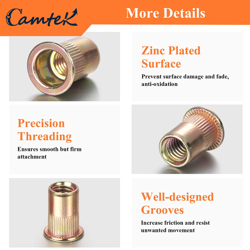 [Australia - AusPower] - 155PCS Rivet Nuts, Camtek #8-32#10-24 1/4''-20 5/16''-18 3/8''-16 Zinc Plated Carbon Steel UNC Rivet Nuts Rivnut Assortment Flat Head Threaded Insert Nutsert Kit - 5 Sizes 155 
