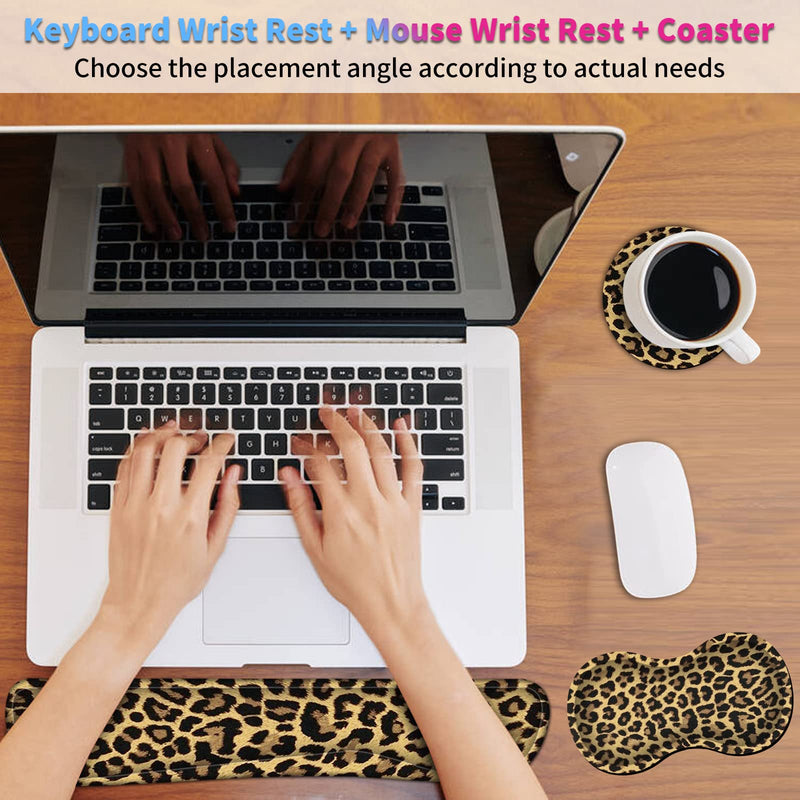 [Australia - AusPower] - Keyboard Wrist Rest + Mouse Wrist Rest + Coaster Set, Ergonomic Memory Foam Easy Typing Pain Relief, Wrist Support Pad for Keyboard and Mouse Computer Laptop, Leopard 