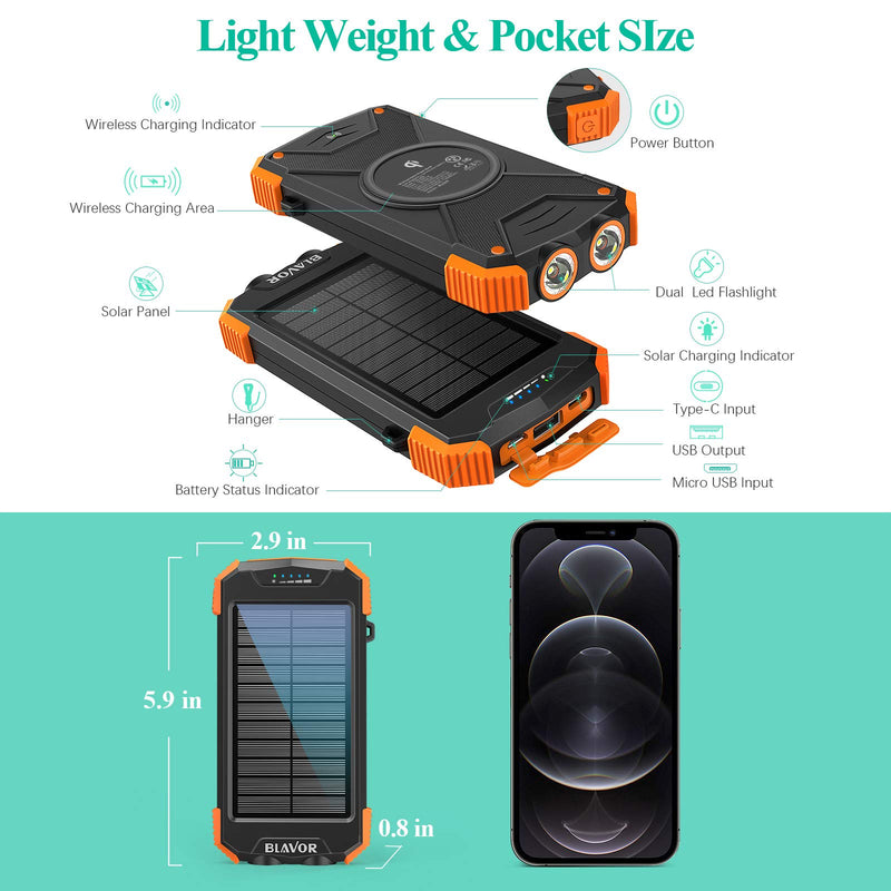 [Australia - AusPower] - Solar Power Bank, Qi Portable Charger 10,000mAh External Battery Pack Type C Input Port Dual Flashlight, Compass, Solar Panel Charging (Orange) Orange 