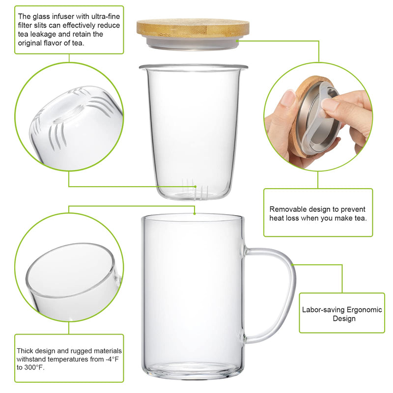[Australia - AusPower] - Lezero Glass Tea Infuser Cups with Removable Strainer and Bamboo Lid, Borosilicate Glass Tea Mugs for Blooming Tea & Loose Leaf Tea, Microwave & Dishwasher Safe, LEAD-FREE, 15oz/450ml 