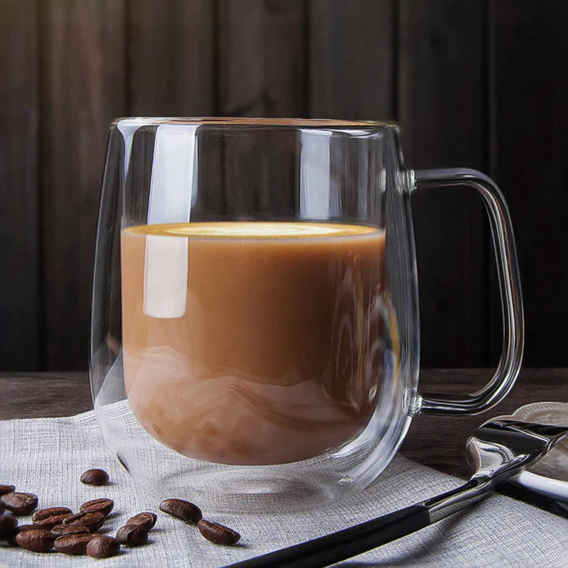 [Australia - AusPower] - Double Wall Insulated Glasses Espresso Cups with Handle [2-Pack,12 Oz] Clear Glass Coffee Mug Set for Cappuccino Tea Latte Beverage, Glasses Heat Resistant Dishwasher Microwave Safe 12oz 
