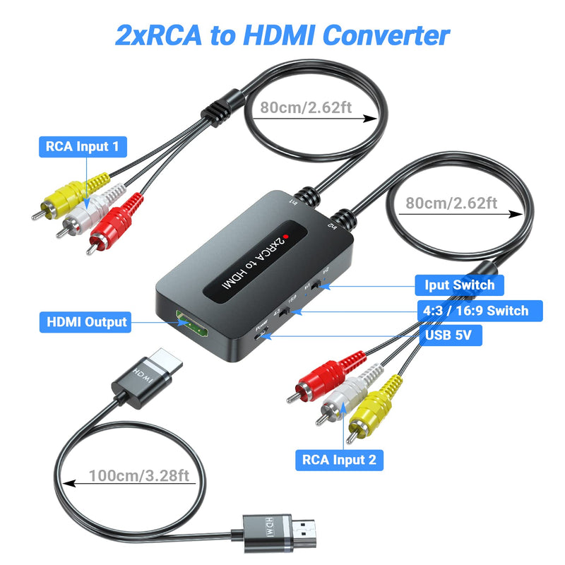 [Australia - AusPower] - Dual RCA to HDMI Converter Support 4 : 3/16 : 9 Aspect Ratio Switch, 2 Port AV to HDMI, Double RCA Composite to HDMI for Connecting Two RCA Devices to One HDTV to Avoid Frequent Plugging / Unplugging Dual RCA to HDMI 