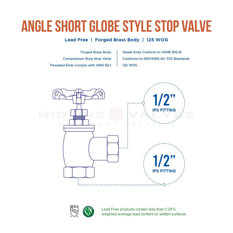 [Australia - AusPower] - Midline Valve 96344 Globe Style Angle Stop Valve, Lead Free 1/2 in. FIP Connections, Brass Single Pack 1/2 in. 