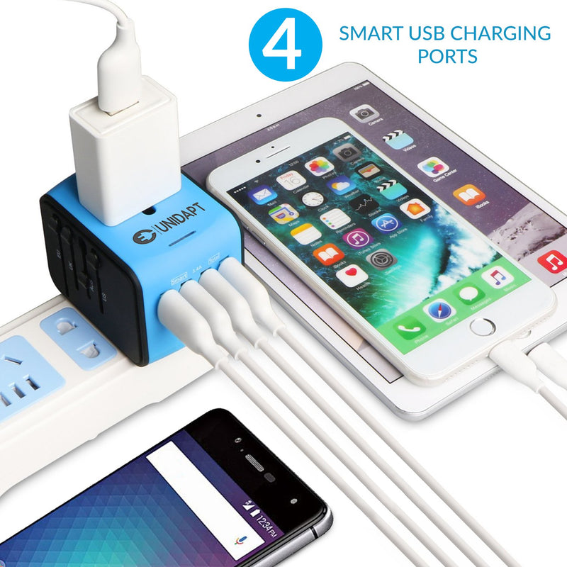 [Australia - AusPower] - Unidapt Universal Travel Adapter, International Outlet Adaptor, Fast 2,4A 4-USB Worldwide European Power Charger, AC Wall Plug Adapters – All in One for Europe US USA UK EU AUS & Asia Blue 