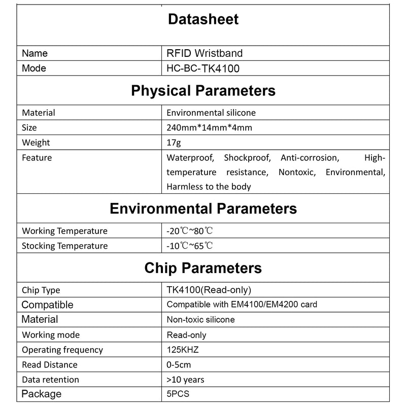 [Australia - AusPower] - HECERE 125Khz RFID Silicone Wristband/Bracelet 125Khz Read Only TK4100 Compatible with EM4100/EM4200 (Pack of 5) RFID 125Khz Read-only wristband 