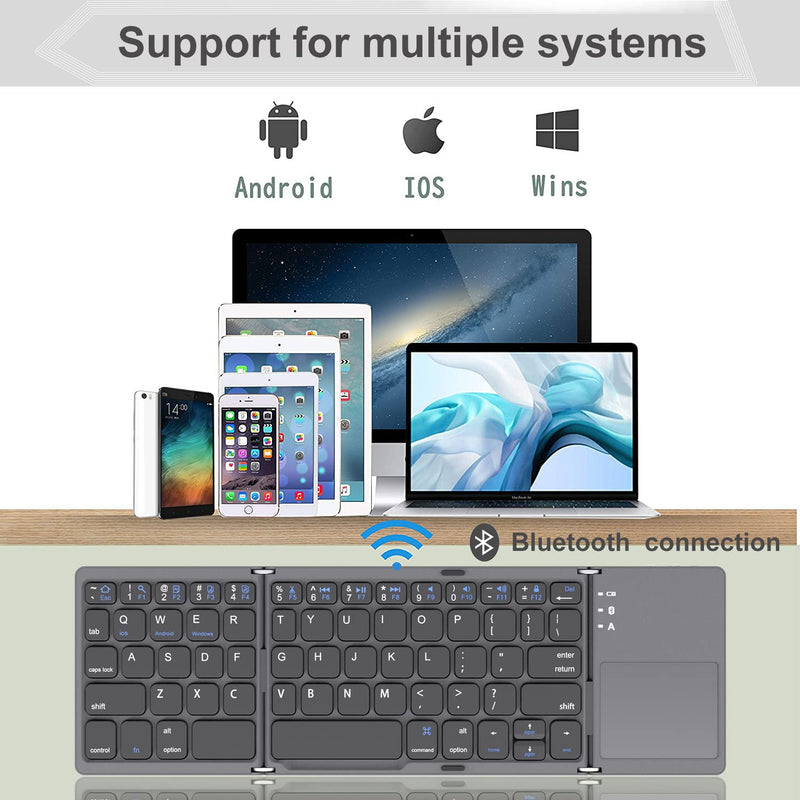 [Australia - AusPower] - Foldable Bluetooth Keyboard, Rock&Rown Pocket Size Portable Wireless Keyboard with Touchpad for Mac OS,Android, Windows, Linux, PC, Tablet, with Rechargeable Li-ion Battery-Dark Gray 