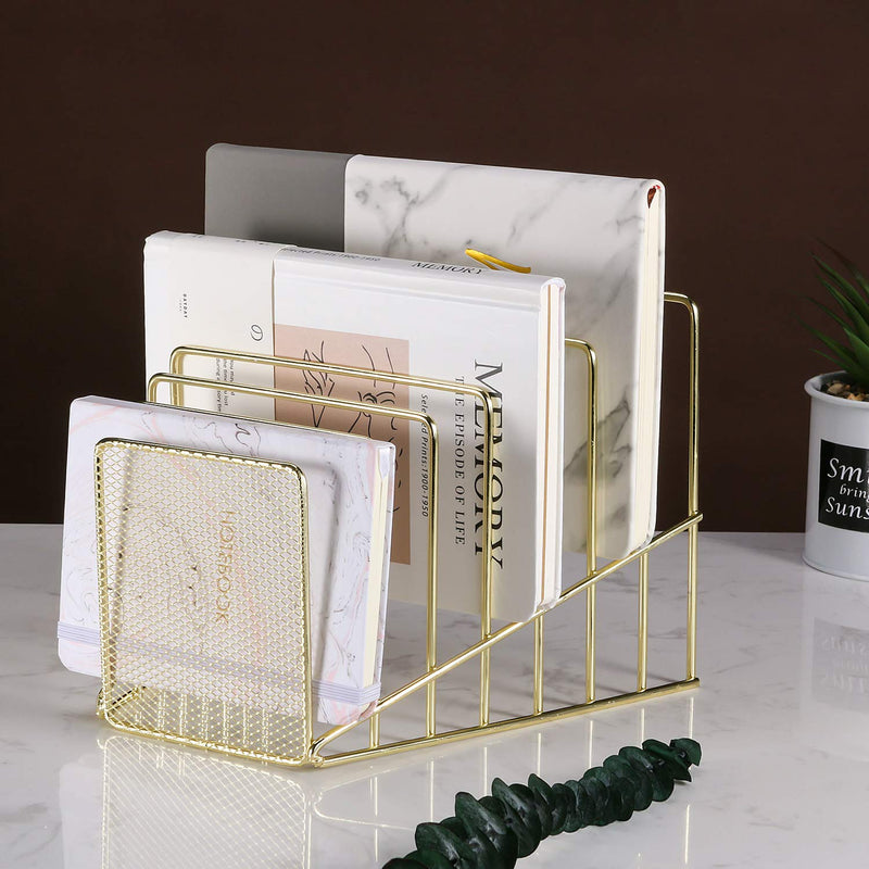 [Australia - AusPower] - Simmer Stone Incline File Sorter, 7 Slot Magazine Holder for Letter, Document, Folder and Book, Metal Desktop Organizer Rack for Home, School and Office, Gold 