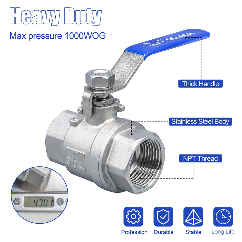 [Australia - AusPower] - 1 Inch Ball Valve, Premium 304 Stainless Steel Full Port Forged NPT Ball Valve for Water Oil and Gas with Long Handle Shut Off Switch, 1000 WOG ( 1 Piece, FNPT to FNPT ) 