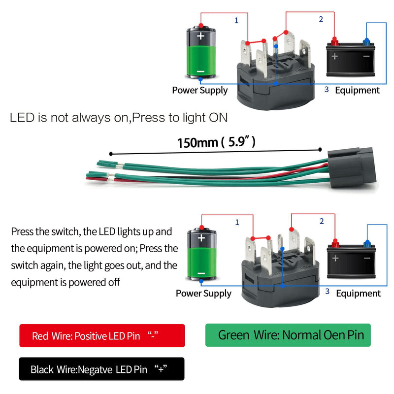 [Australia - AusPower] - 22mm Push Button Switch 15A 24V Latching Momentary 2NO DPST Angel Eye LED Stainless Steel Round Self-Locking 7/8'' with Wire Socket Blue Latching 12V 