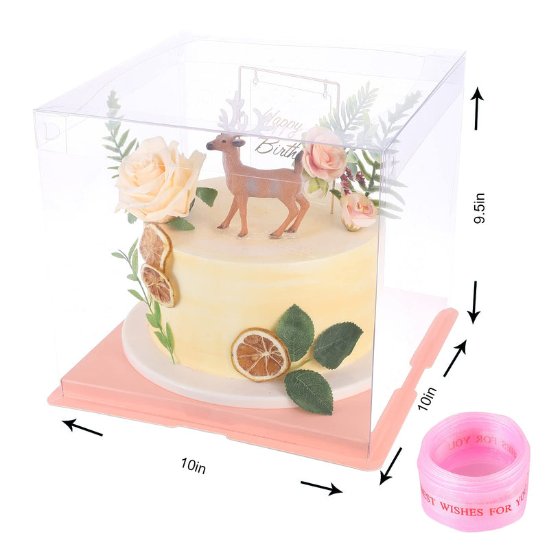 [Australia - AusPower] - 2 Pcs Transparent Cake Box with Ribbon- Clear Plastic Cake Boxes Bakery Packaging Carriers with Lid - Baking Cookie Display Pack-Carry Tall Layer Gift Toy Box 10" X 10" X 9" - Pink… 2pcs Pink 