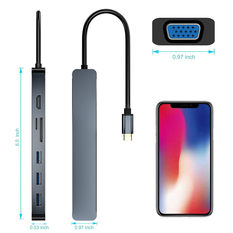 [Australia - AusPower] - pobod USB C Hub Multiport Adapter, 7-in-1 USB C Adapter, with 4K USB C to HDMI, VGA, 3 USB 3.0, SD/TF Card Reader, USB C Dock Compatible with for MacBook Pro, MacBook Air, iPad Pro, XPS Gray grey 