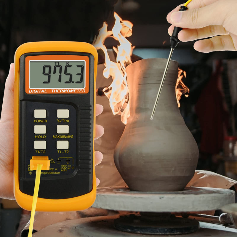 [Australia - AusPower] - DANOPLUS High Accuracy Digital K-Type Thermocouple Thermometer (-50~1300°C) with Dual Channels 4 Probes (Wired & Stainless Steel) Handheld High Temperature Kelvin Scale Meter Tester 